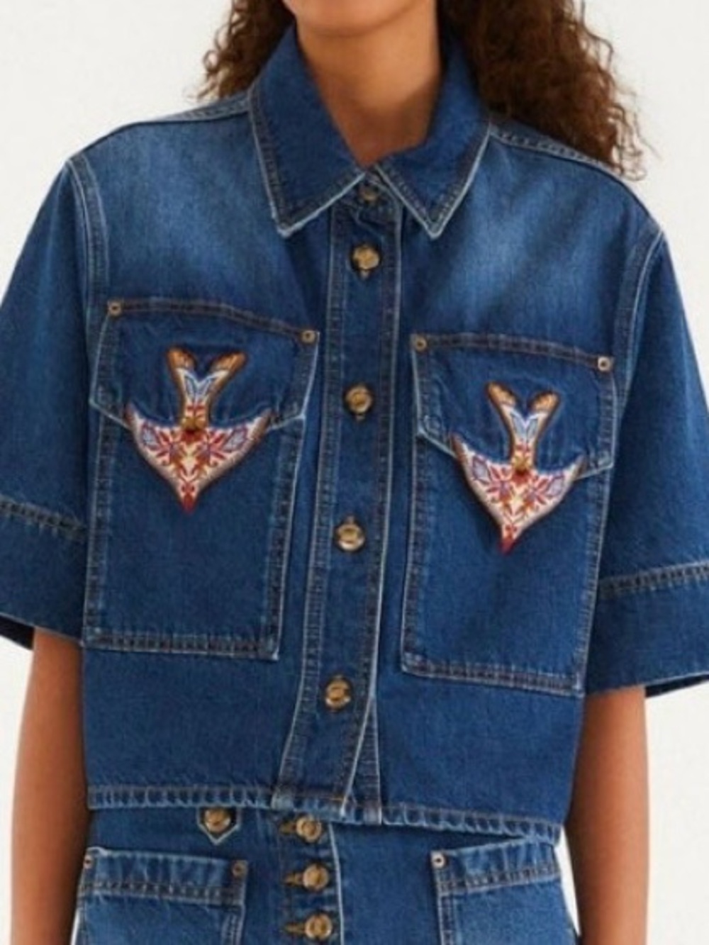 Farm Rio 
Denim Porcelain Birds Embroidered Shirt